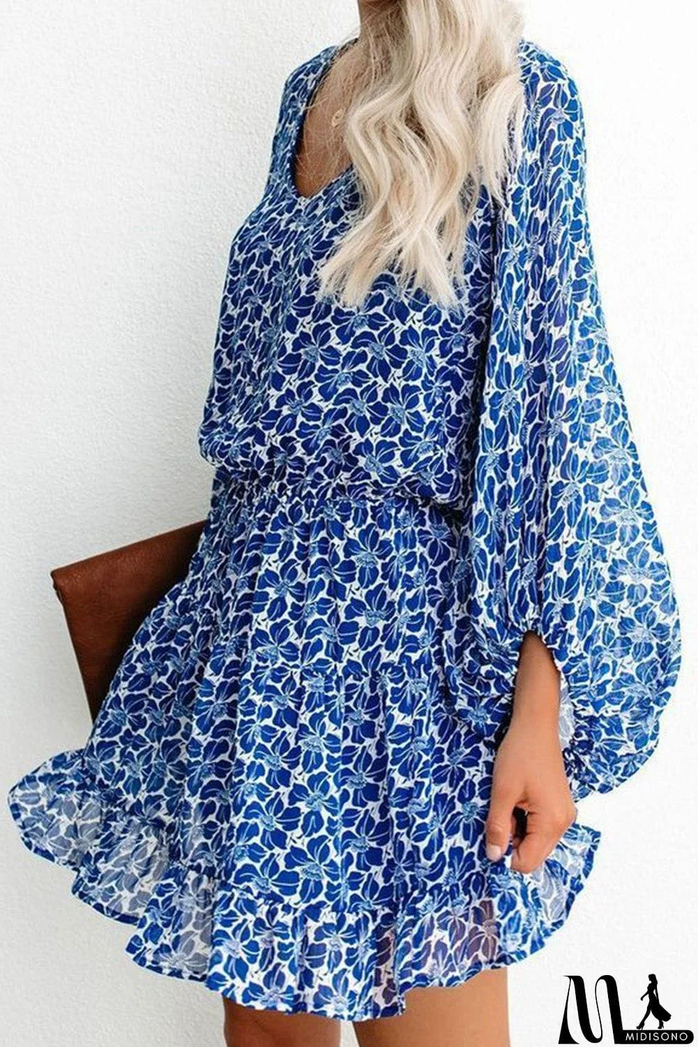 MidiSono - V Neck Lantern Sleeves Floral Tunic Dress