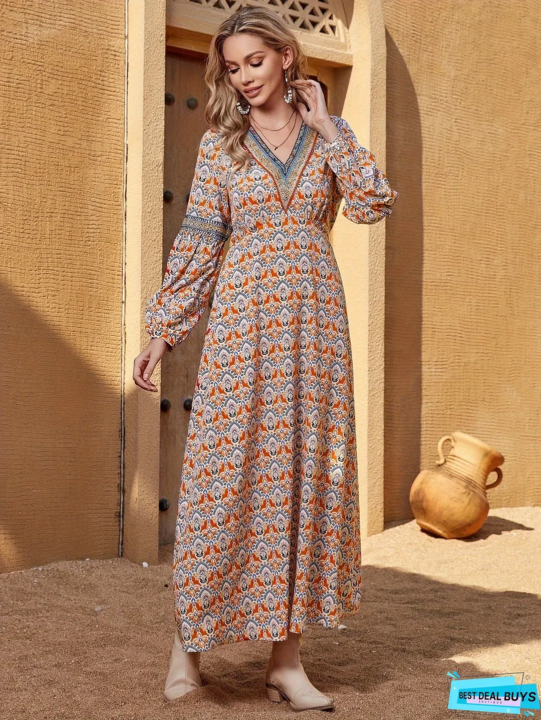 Boho Allover Print A-line Dress, Vintage Long Sleeve V Neck Dress For Spring & Fall, Women's Clothing
