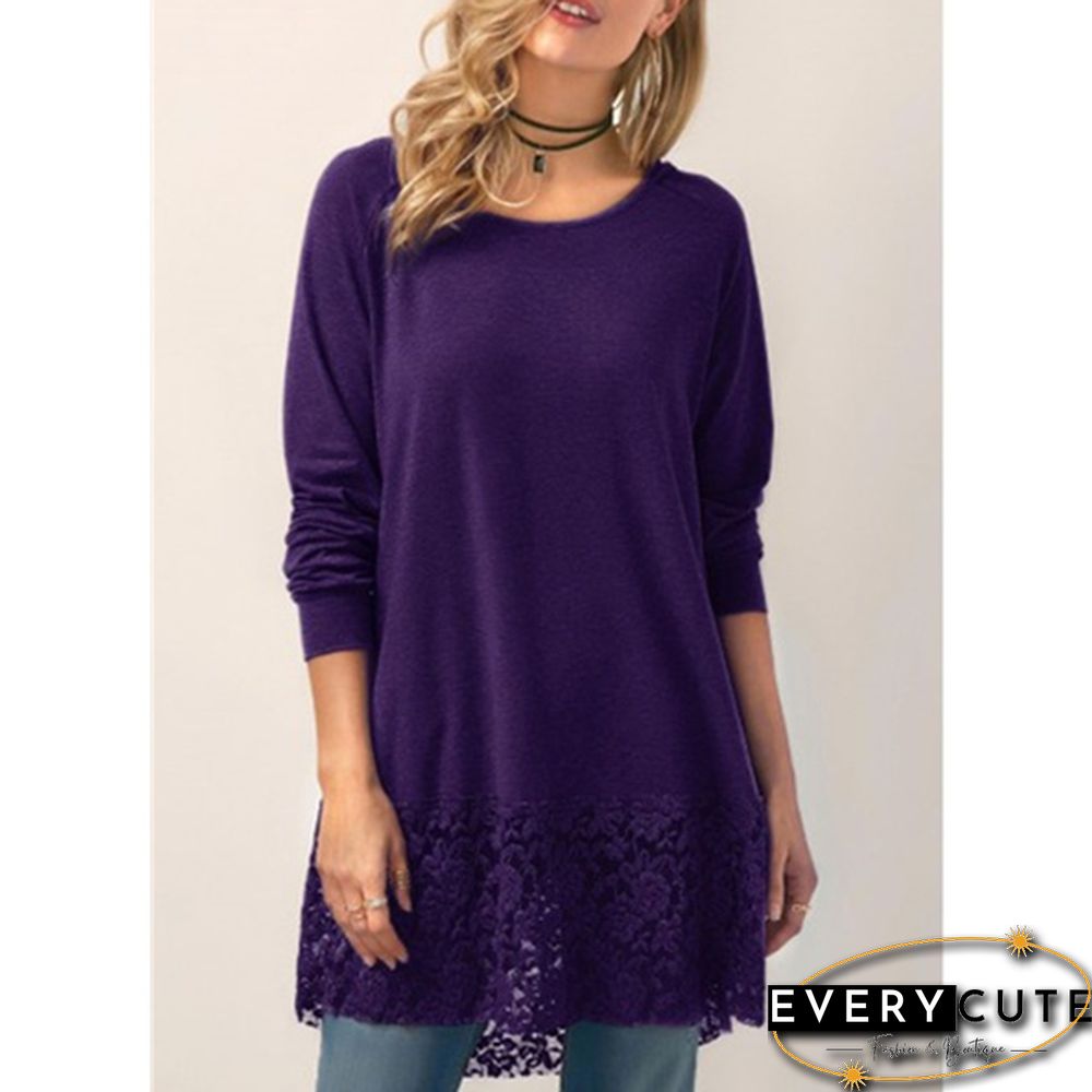 Women Fashion Solid Color Hoodies Long Sleeved T-shirt Autumn Lace Hooded Sweater Plus Size