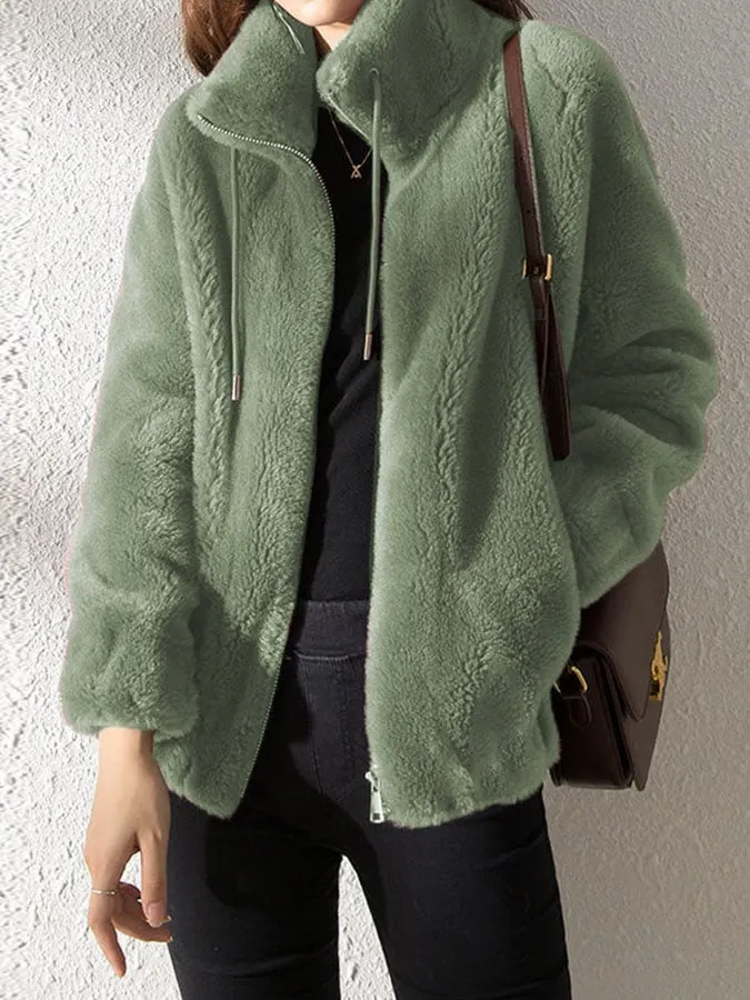 Casual Solid Fleece Stand Collar Zip Coat