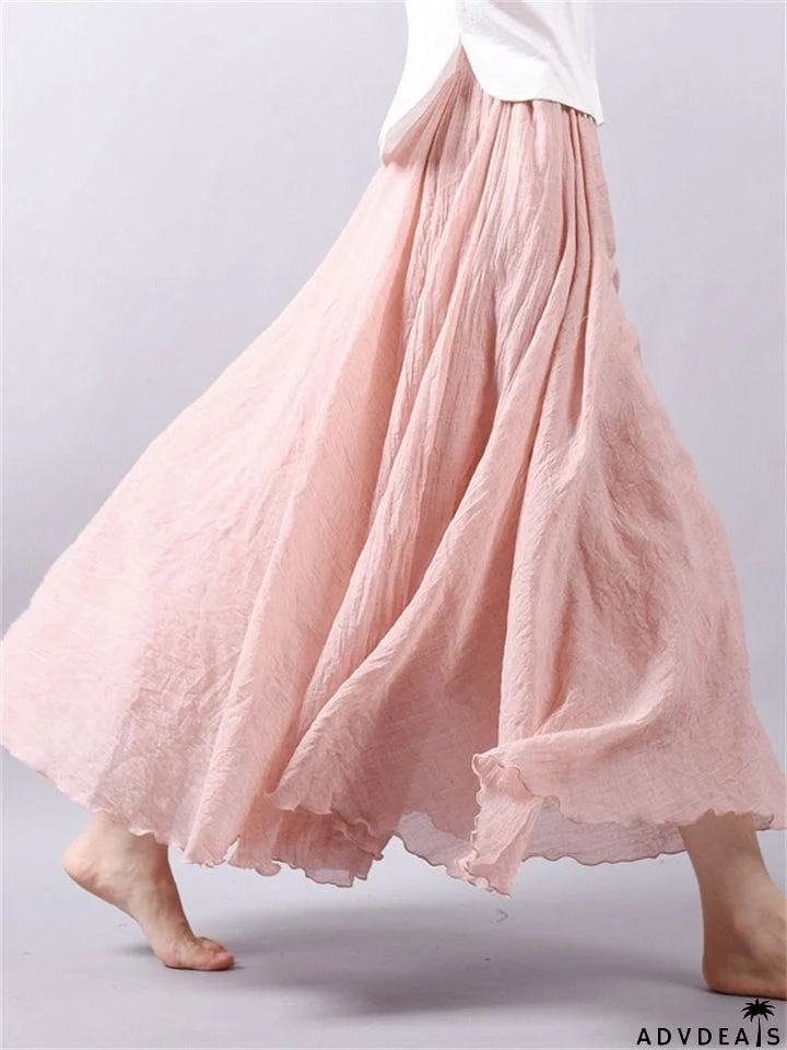 Women's Elastic Waist Pleated Maxi Linen Skirts