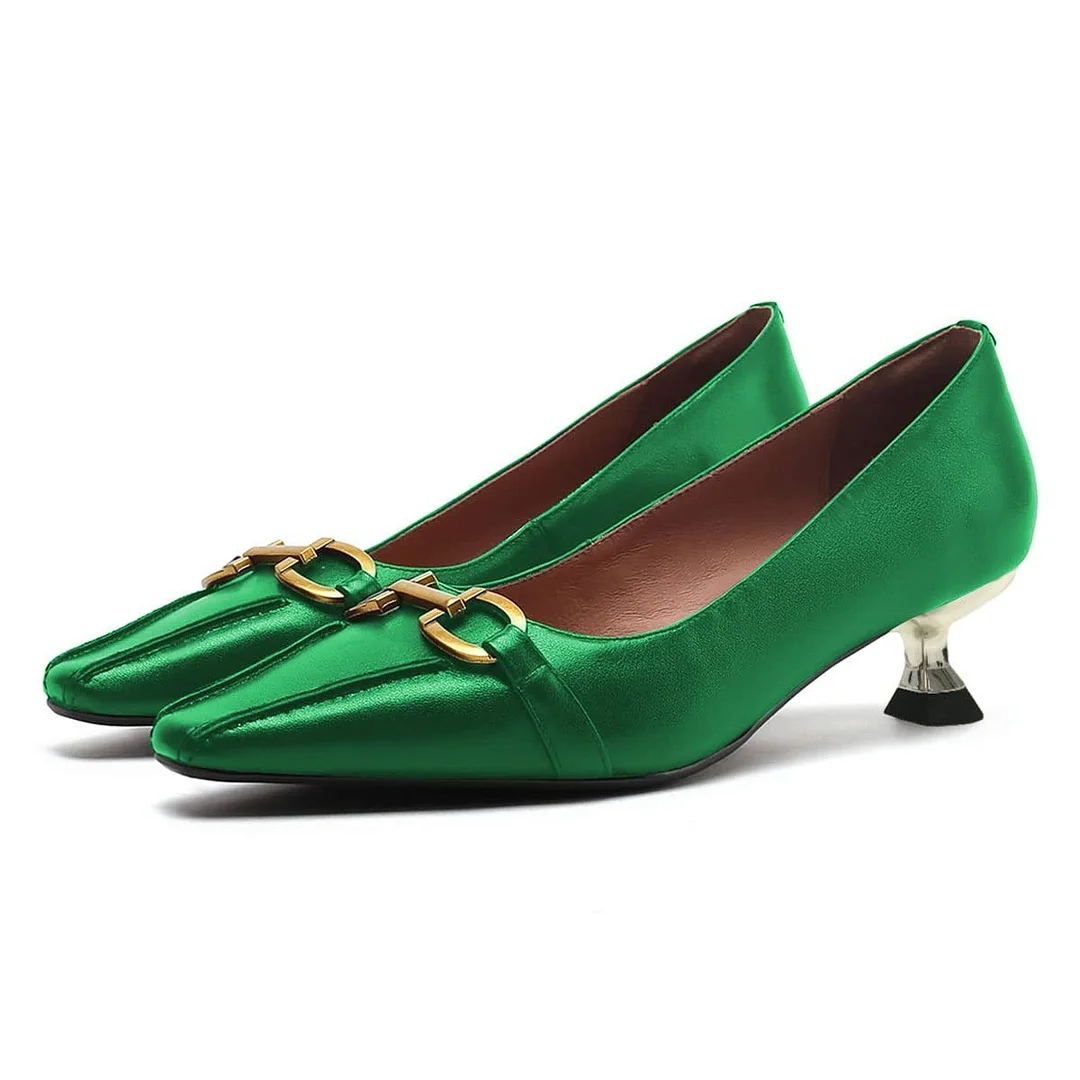 Green Pointed Toe Horsebit Slip On Low Kitten Heel Pumps for Women