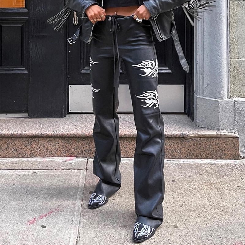 InsGoth Streetwear Faux PU Leather Y2K Pants Harajuku Grunge Punk High Waist Straight Black Pants Casual Loose Women Trousers