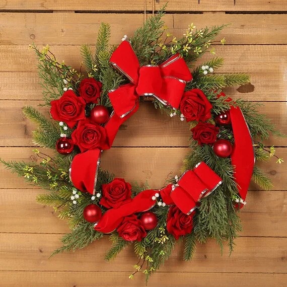 Red Velvet Bowknot Rose Christmas Wreaths For Front Door、、sdecorshop