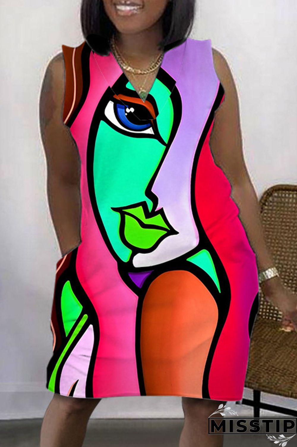 Purple Casual Print Patchwork V Neck Sleeveless Dress Dresses