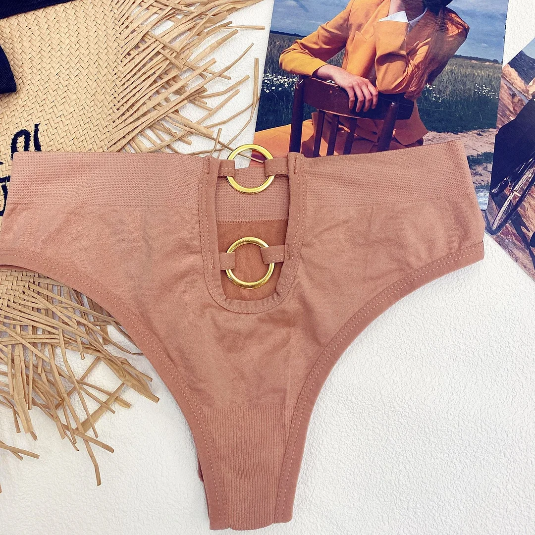 New Women's Underwear Sexy Solid Color Panties Fashion Metal Ring Comfort Briefs Mid Waist Seamless Underpants Female Lingerie