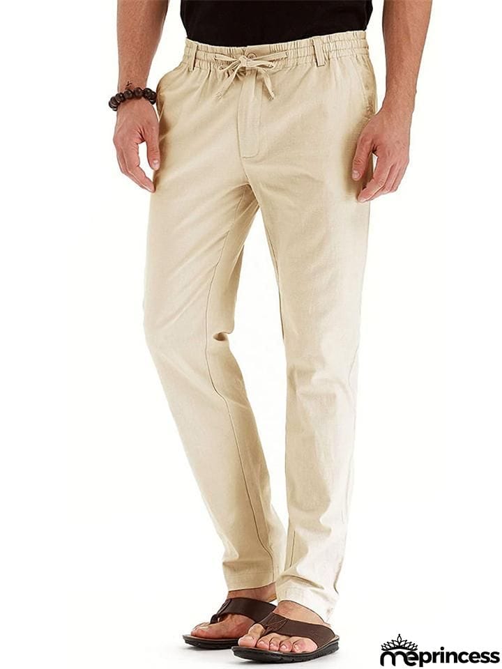 Men's Elastic Drawstring Waistband Casual Straight Cotton Pants