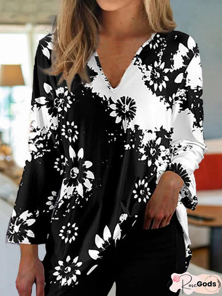 Regular Fit V Neck Elegant Floral Shirts & Tops