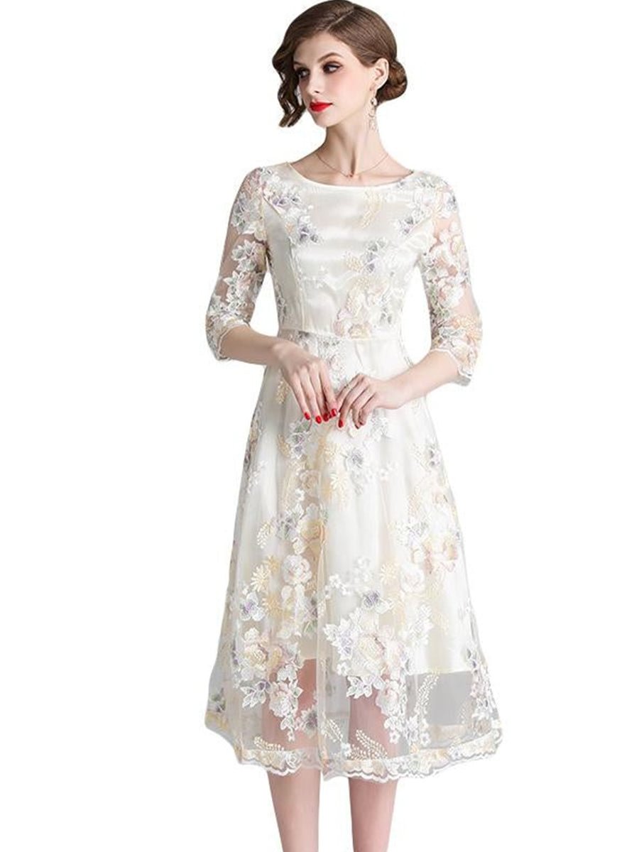 Embroidered Dress O Neck Three-quarter Sleeves A-line Knee Length Dress