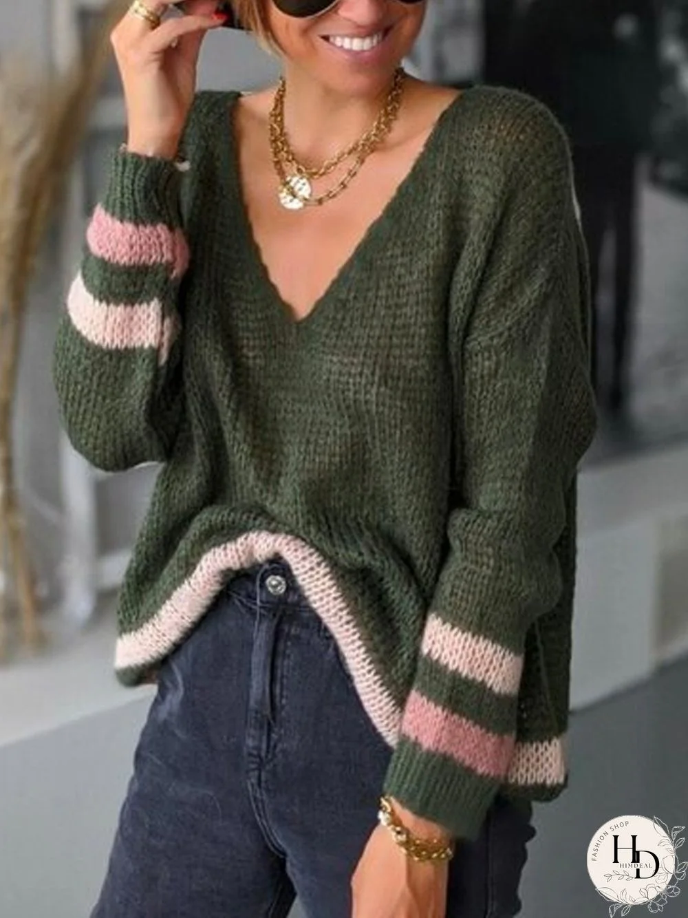 Women Simple Autumn V neck Daily Plus Size Long sleeve Cotton-Blend Sweater
