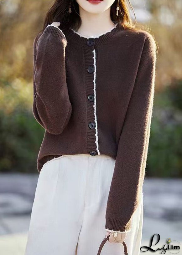 Classy Beige O Neck Button Wool Knit Cardigans Fall