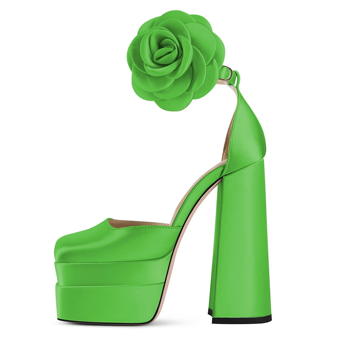 Green Satin Ankle Strap Square Toe Platform Heels with Flower