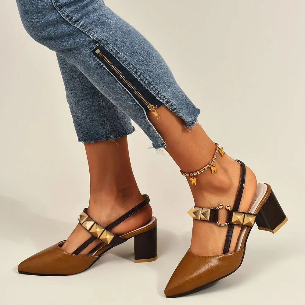 Brown Rivet Slingback Block Heels Nicepairs