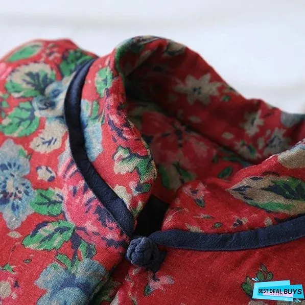 Women Red Print Floral Vintage Parkas Linen Pockets Winter New Chinese Style Parkas