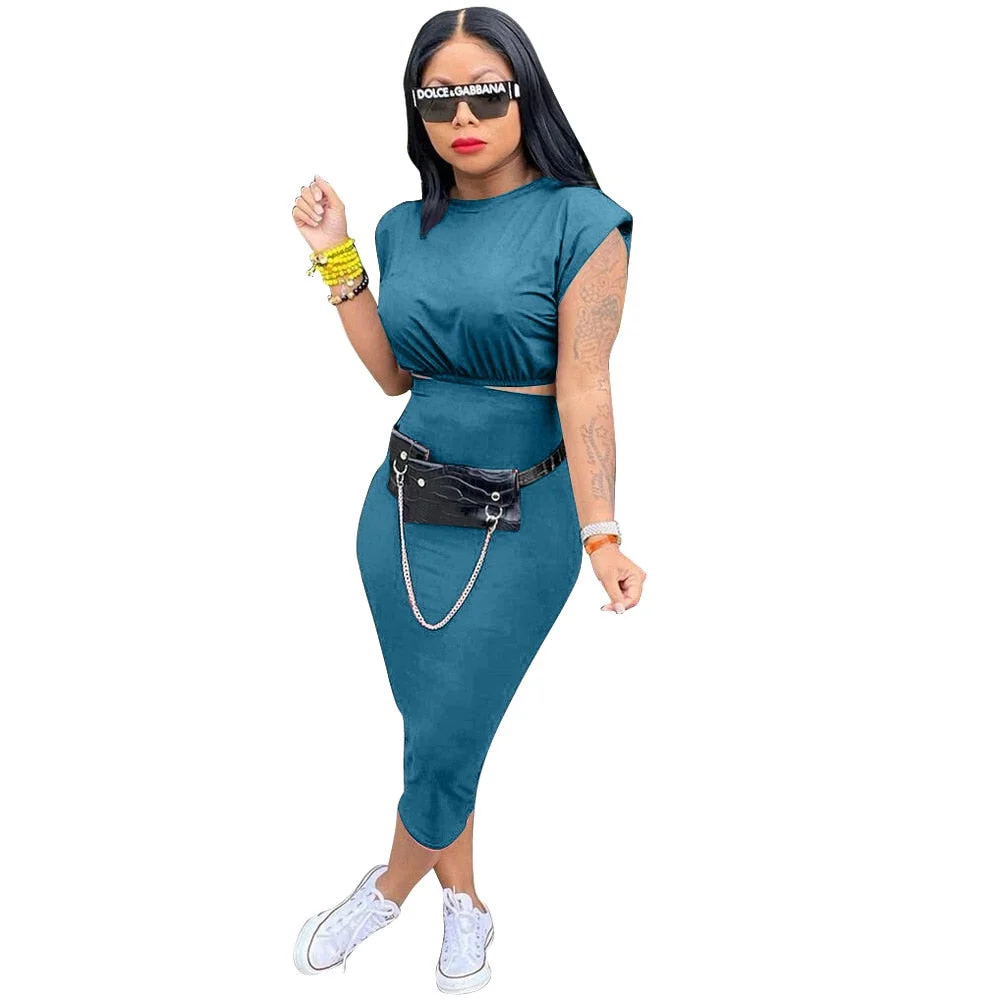 CM.YAYA Women Skirts Two 2 Piece Set Fashion Streetwear Crop Tops and Midi Skirt Matching Set Classic Outfits