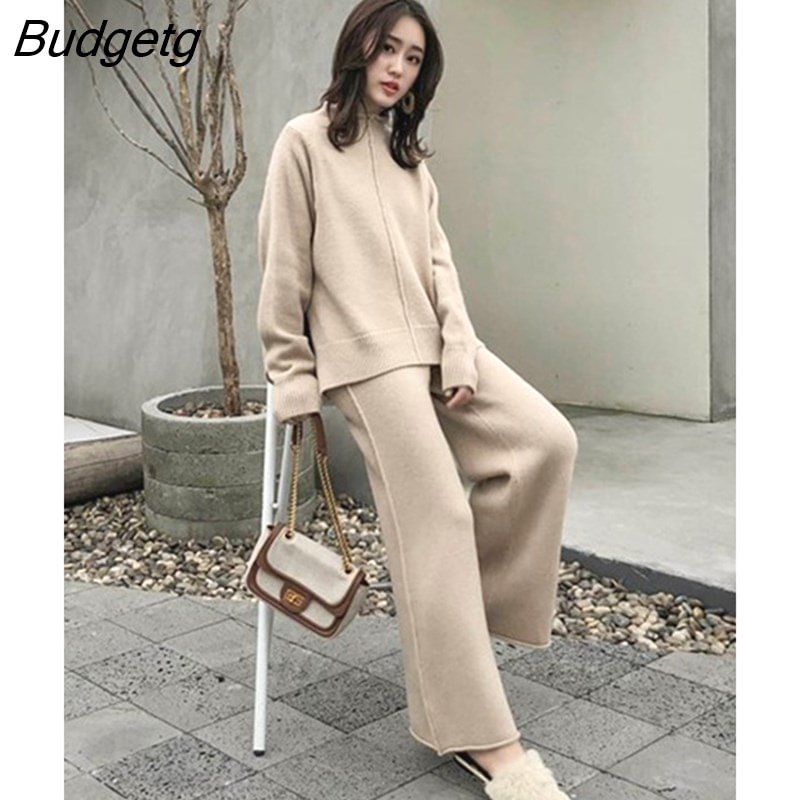Budgetg Female Sweater Pantsuit for Women Two Piece Set Knitted Pullover V-neck Long SleeveTop Wide Leg Pants Suit Winter 2022
