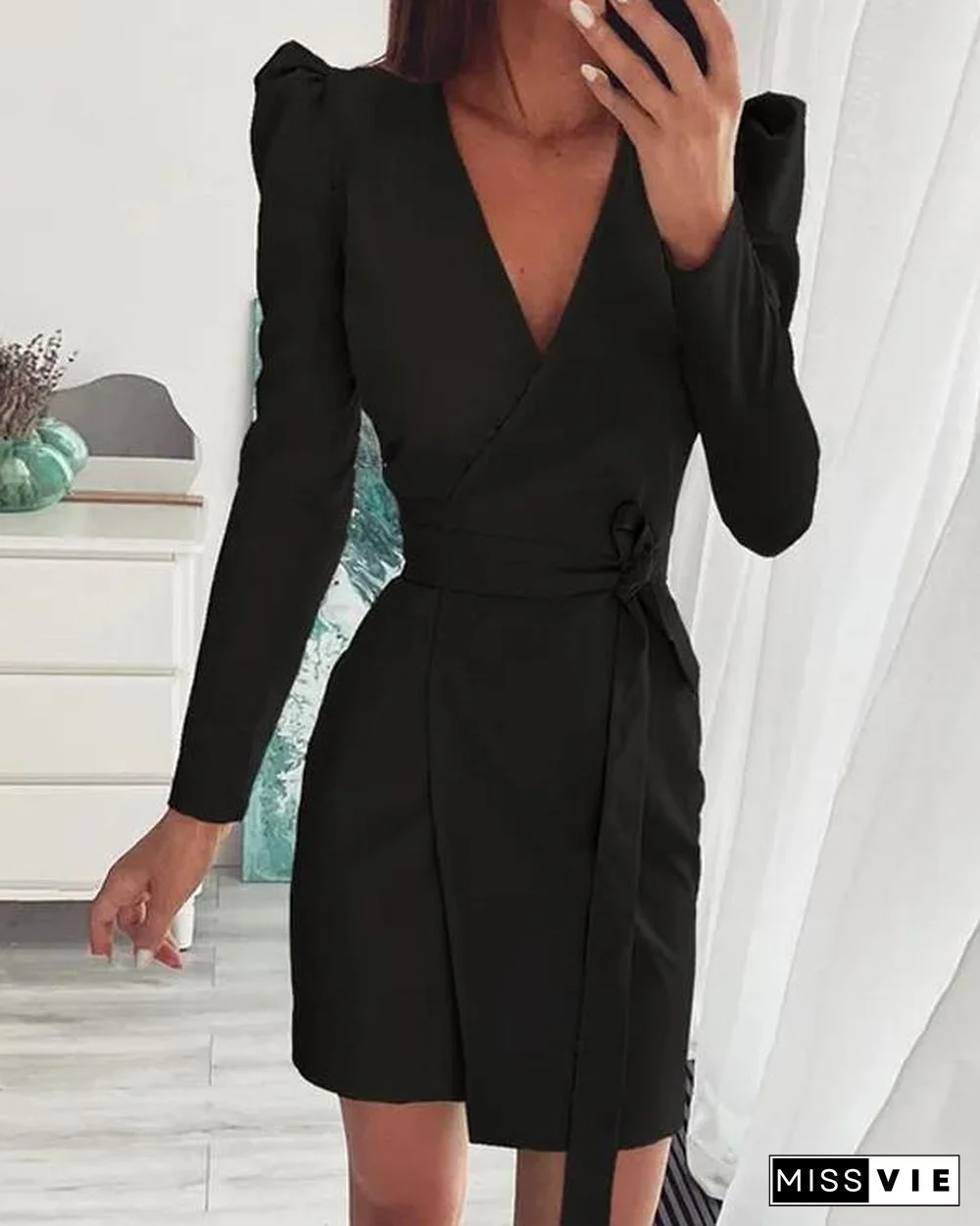 V Neck Suit Dress With Belt