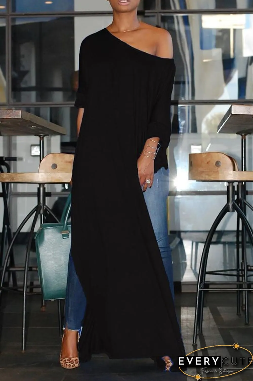 Off Shoulder High Split Batwing Long Dress