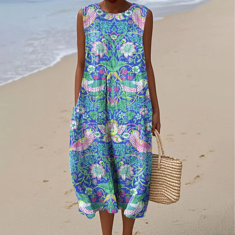 Women's Vintage Bird and Floral Art Print Sleeveless Cotton Pocket Wrap Dress