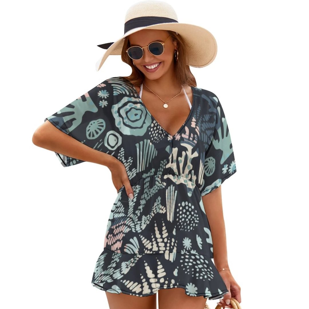 Sea Coral Summer Beach Chiffon Mini Cover Up Dress