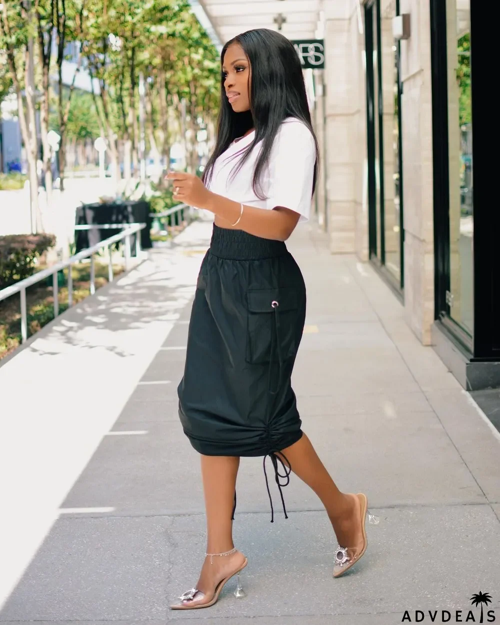 Summer Black High Waist Strings Midi Skirt with Pockets