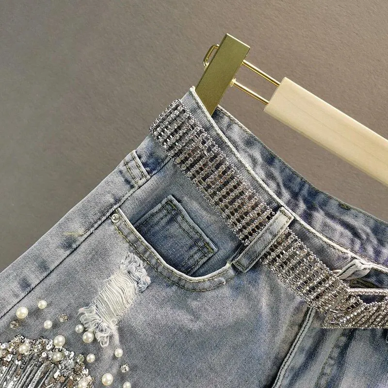 Brownm Cowgirl Rhinestone Fringe Denim Shorts