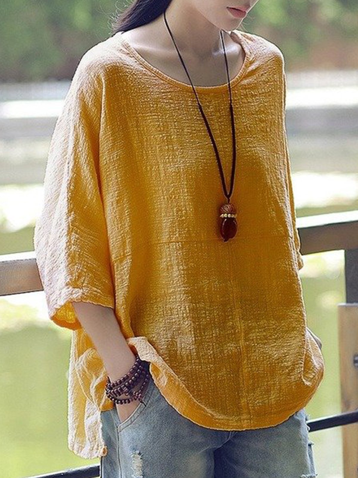 New Women Casual Loose Solid O-neck Half Sleeve Cotton Linen Top