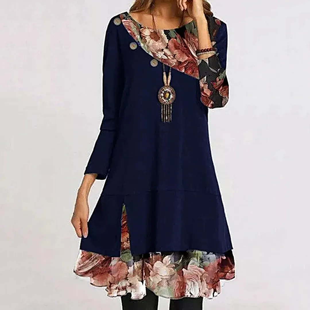 Autumn Vintage Flower Print A-Line Dress Women Elegant Patchwork Irregular Dress Casual O Neck Long Sleeves Dress