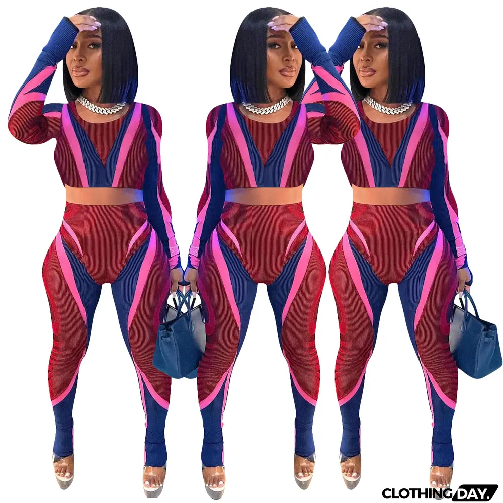 Womens Fashion Casual Print Open Waist Two Piece Pants Set