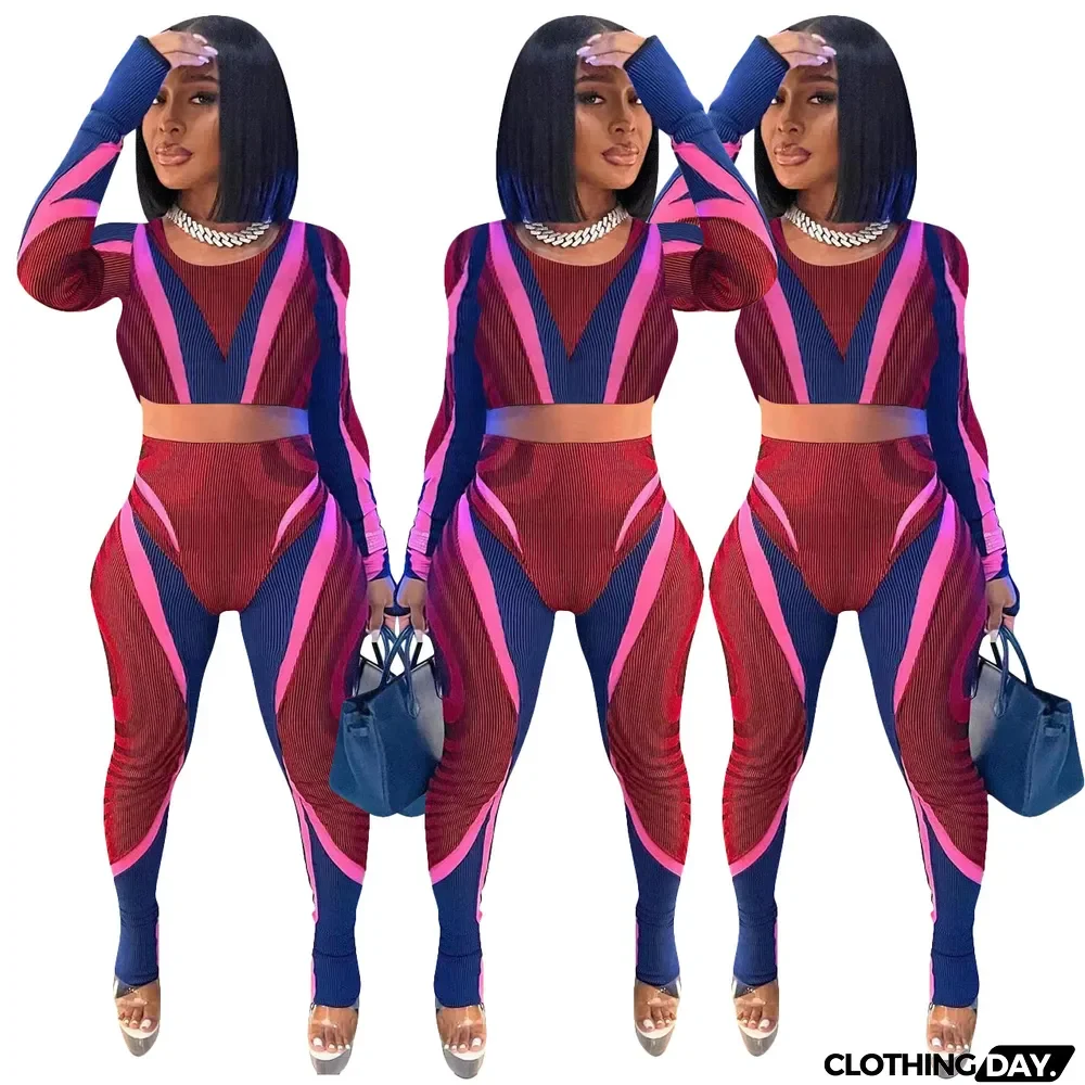 Womens Fashion Casual Print Open Waist Two Piece Pants Set