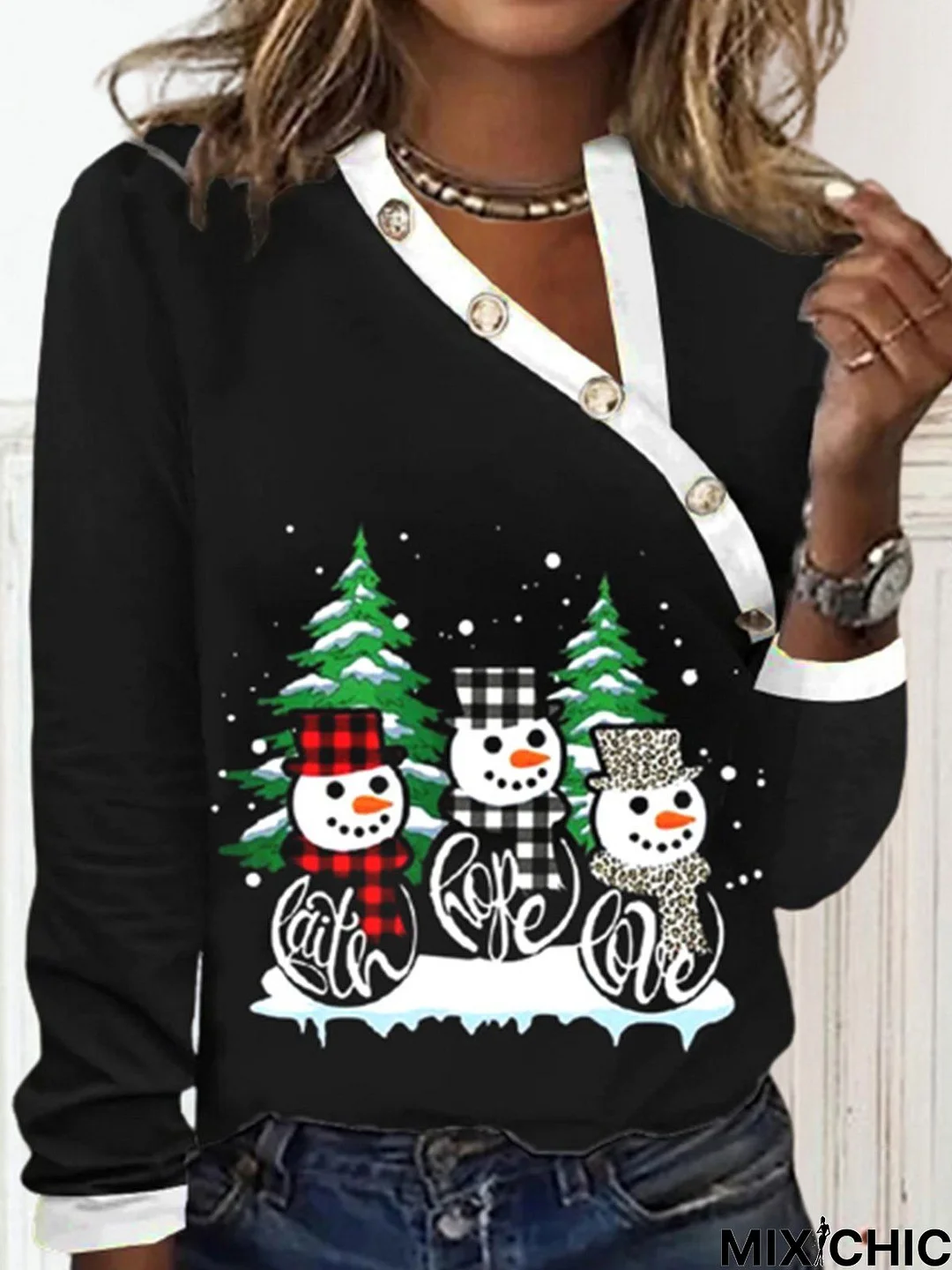 Jersey Christmas Snowman Asymmetrical Casual T-Shirt