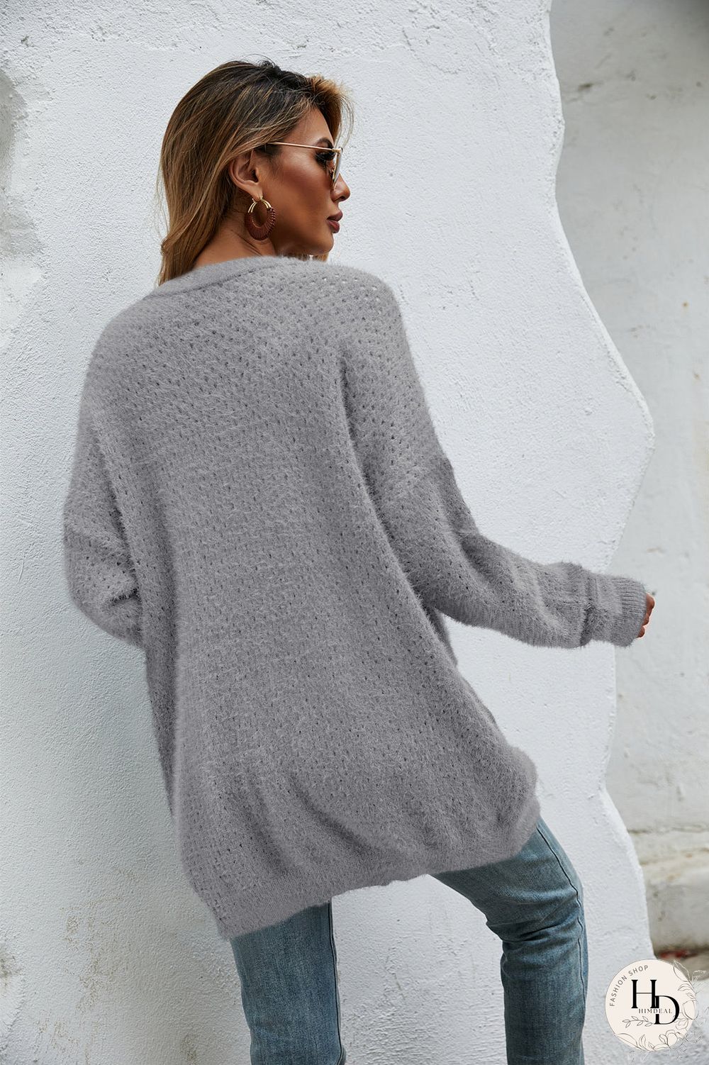 Casual Long Sleeve V Neck Sweater With Pockets
