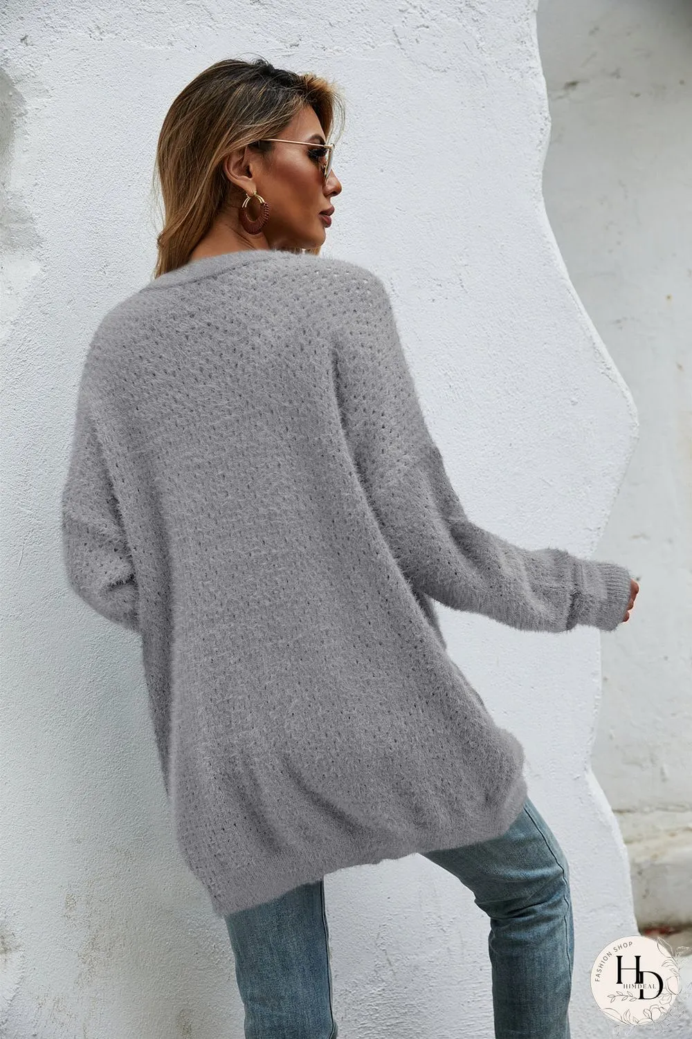 Casual Long Sleeve V Neck Sweater With Pockets