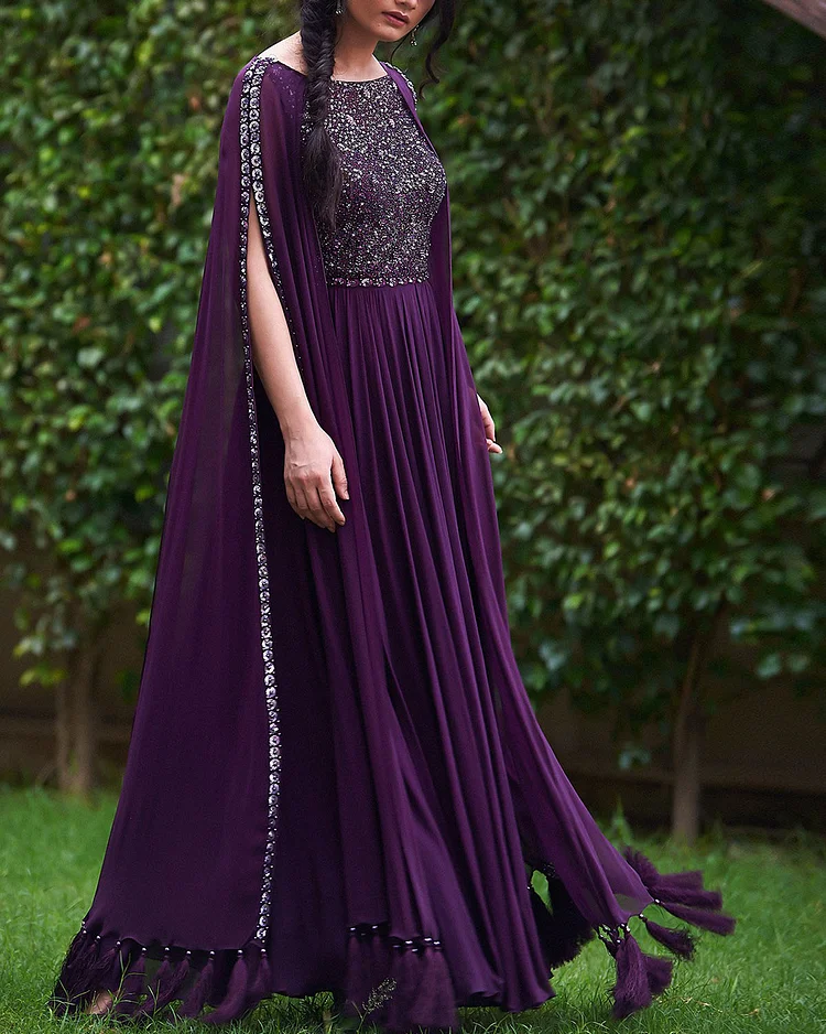 Purple Georgette Embroidered Gown