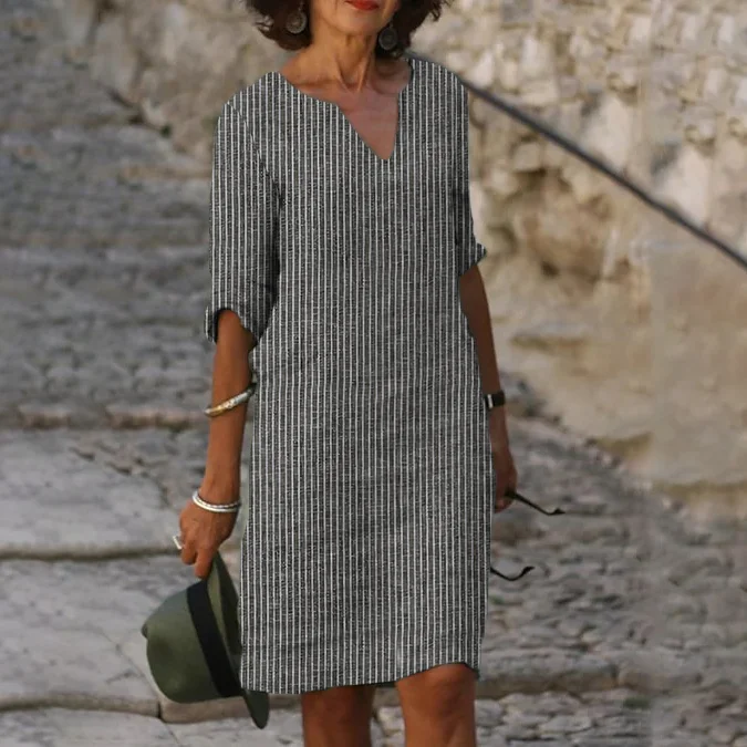 Women Vintage Stripes Printed Casual V Neck Midi Dress