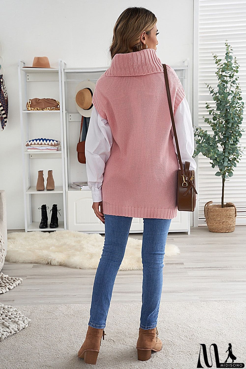 MidiSono - Casual Pink Turtleneck Braided Knitted Vest