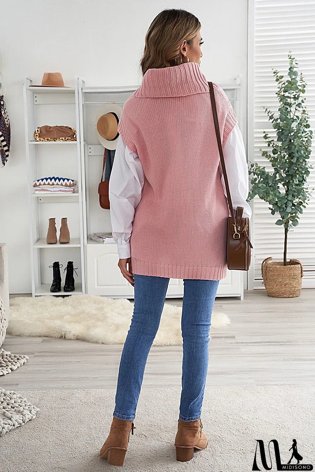 MidiSono - Casual Pink Turtleneck Braided Knitted Vest