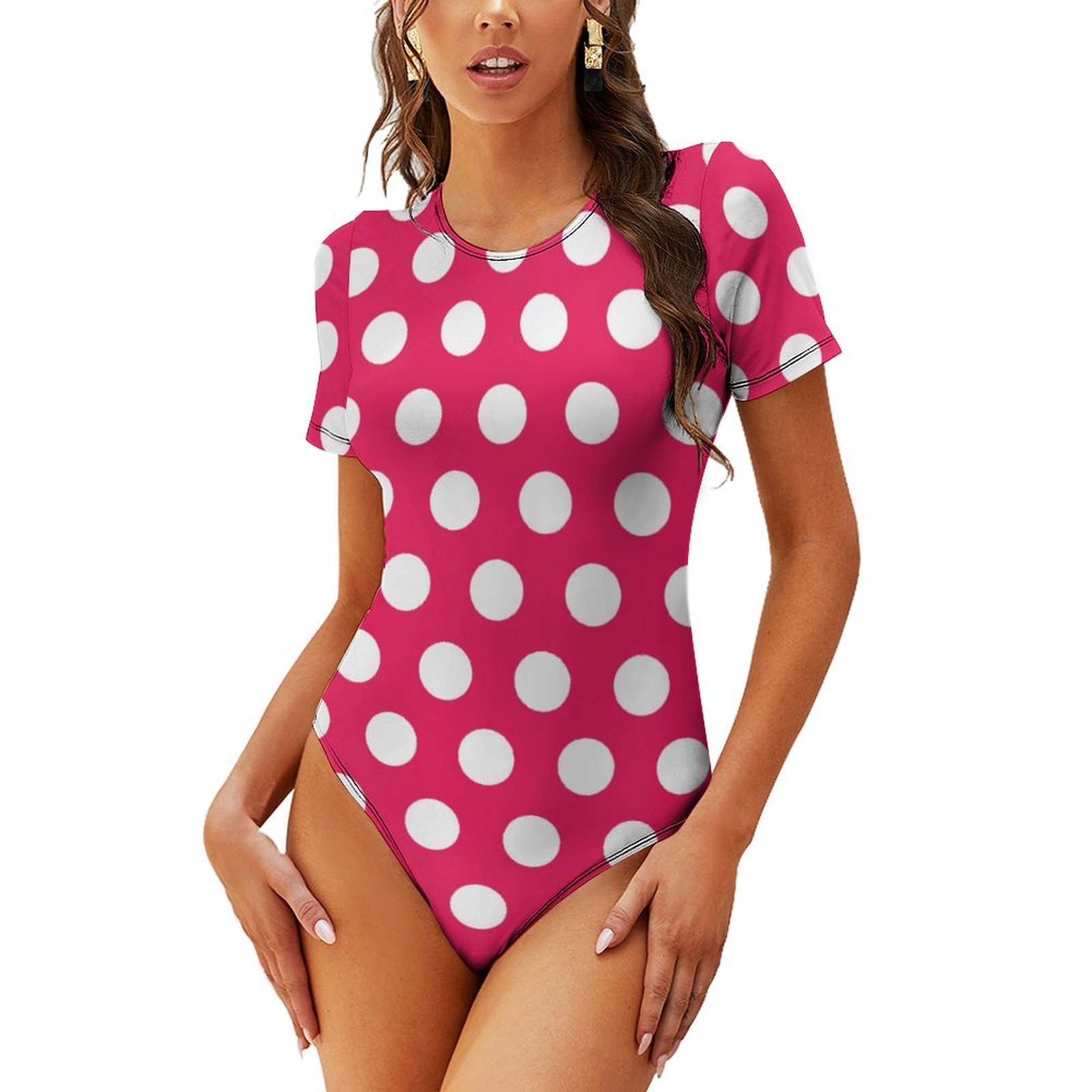 Women's Pink Plka Dot One Piece Swimsuit Mock Neck Short Sleeve Bathing Suit