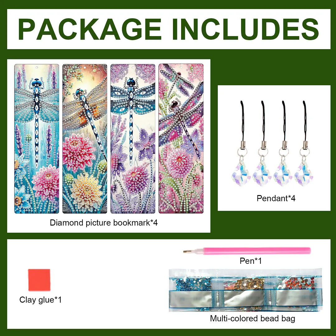 4Pcs Dragonfly Among Flowers DIY Diamond Bookmark Art Projects Irregular Shaped Diamonds Diamond Painting Art Bookmarks with Crystal Pendants for DIY Making Beginners Adult Art Craft Supplies