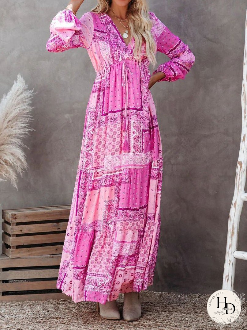 Dresses V-Neck Geometric Pattern Long Sleeve Dress for Women