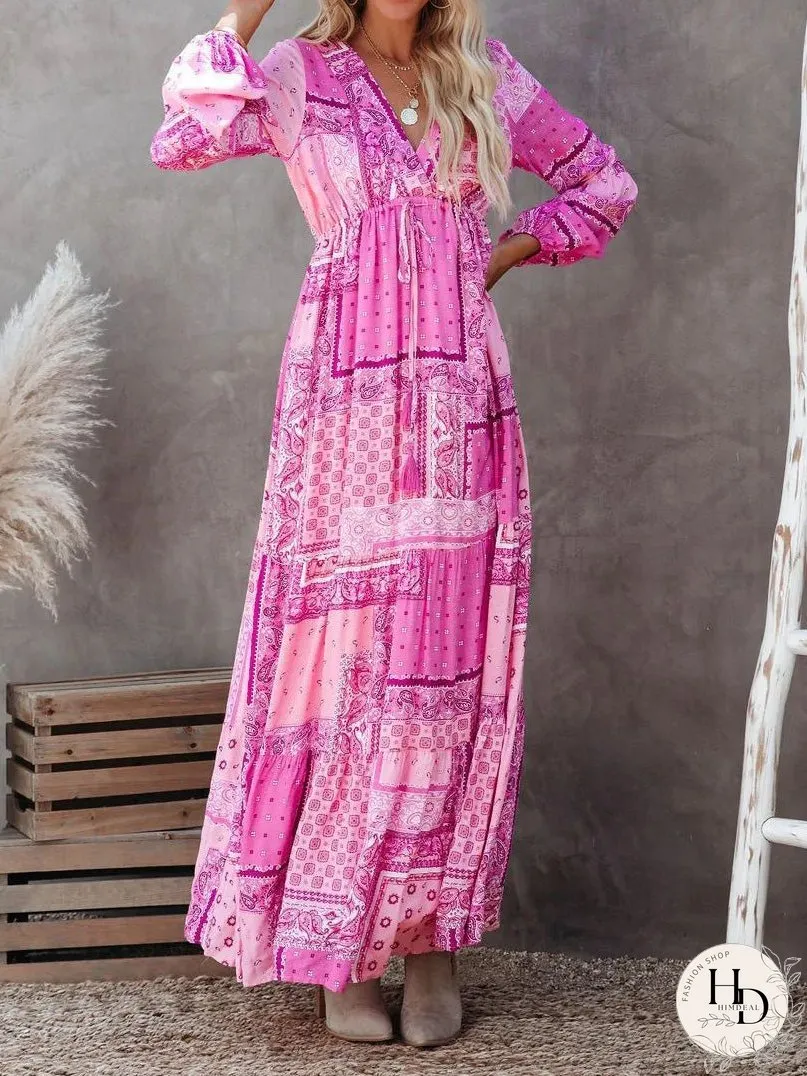 Dresses V-Neck Geometric Pattern Long Sleeve Dress for Women