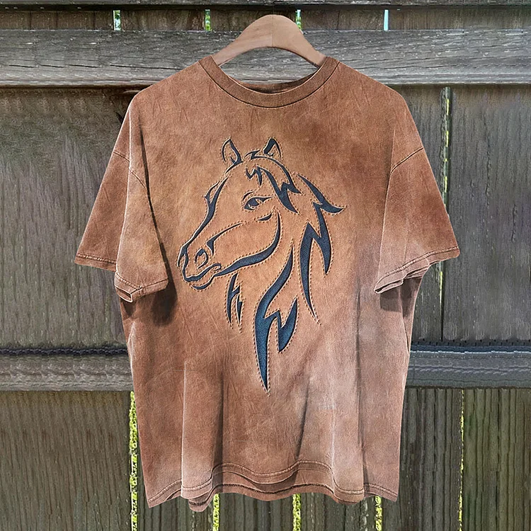 Western Style Retro Horse Print Loose Fitting T-Shirt