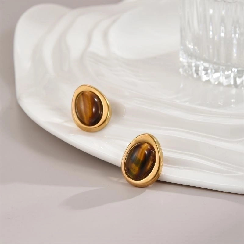 1 Pair Classical Artistic Oval Plating Inlay Stainless Steel Natural Stone 18K Gold Plated Ear Studs