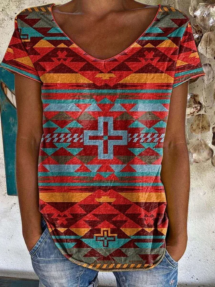 2022 Women's Native Ethnic Geometric Pattern Short Sleeve V-Neck Loose T-Shirts Top