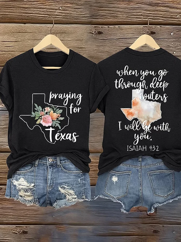 VChics Women's Vintage Praying For Texas Texas Strong Printed Casual Short Sleeve T-shirt