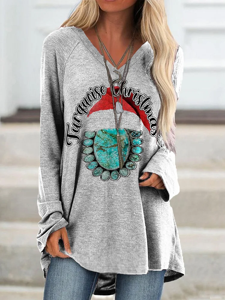 Turquoise Christmas Long Sleeve Tops