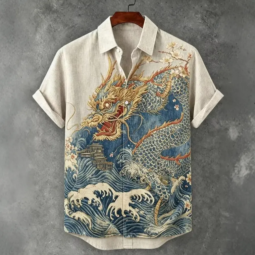 Men's Dragon Cherry Blossom Ocean Wave Ancient Temple Vintage Japanese Art Print Short Sleeve Shirt  artssus