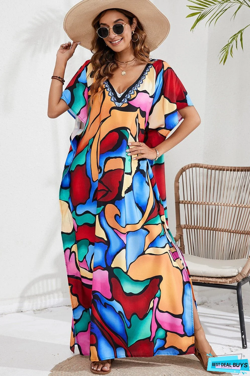Slit Printed V-Neck Short Sleeve Cover Up