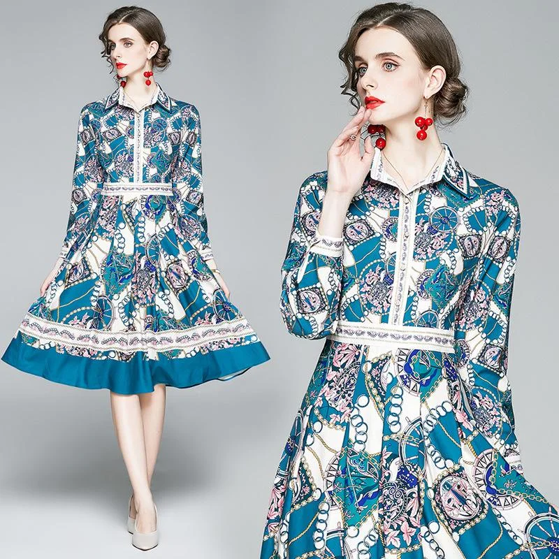 Lapel retro geometric print elegant temperament big swing dress