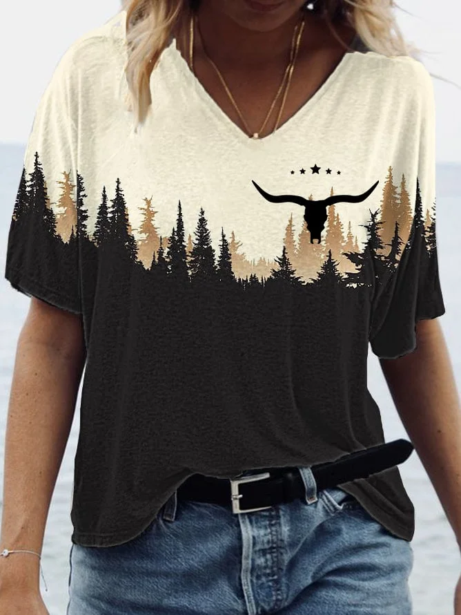 Women's Western Vintage Bull Head Casual T-Shirt